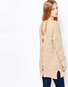 Lost Ink Rib Sweater With Lace Up Back - Tan