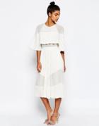 Asos Pleated Sheer And Solid Crop Top Midi Dress - Cream