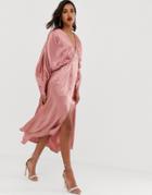 Asos Edition Ruched Batwing Midi Dress In Satin - Pink