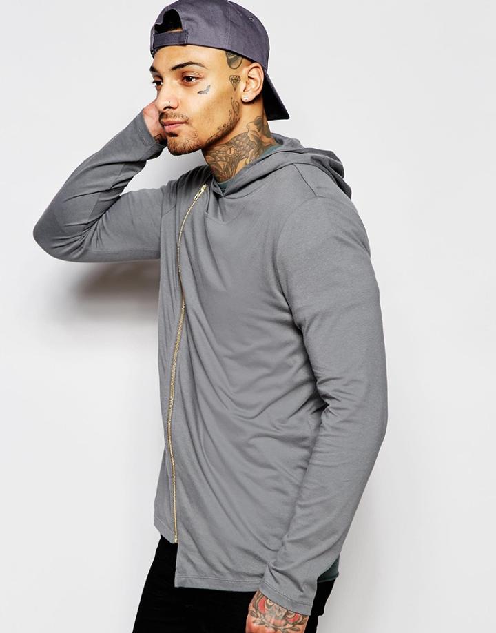 Asos Longline Long Sleeve T-shirt With Asymetric Hem And Hood - Gray