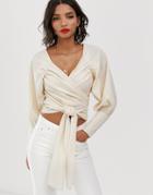 Asos Design Textured Long Sleeve Top With Wrap Around Waist Detail - White