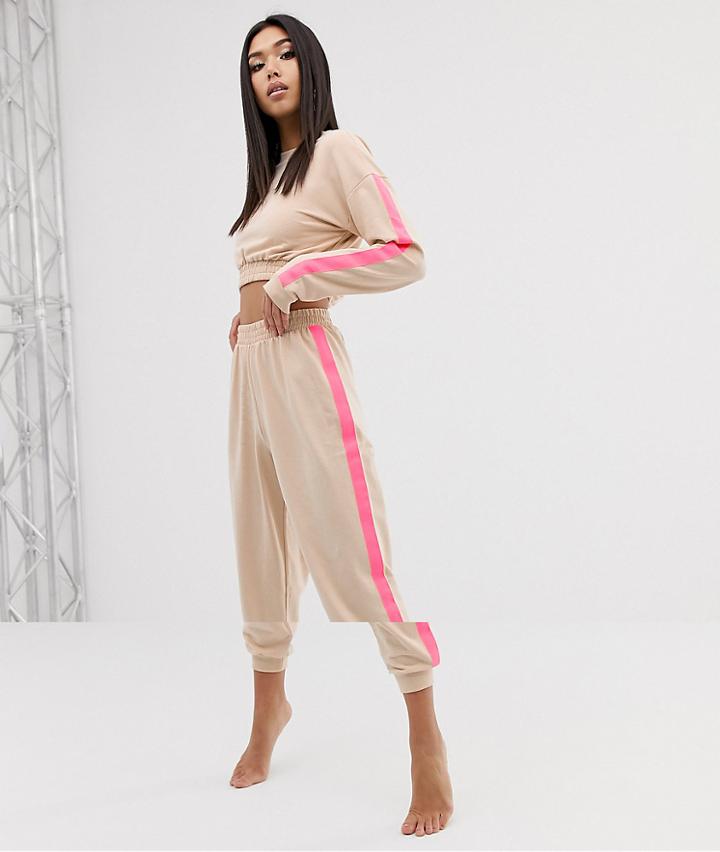Asos Design Lounge Neon Side Stripe Sweat Crop & Jogger Set - Pink