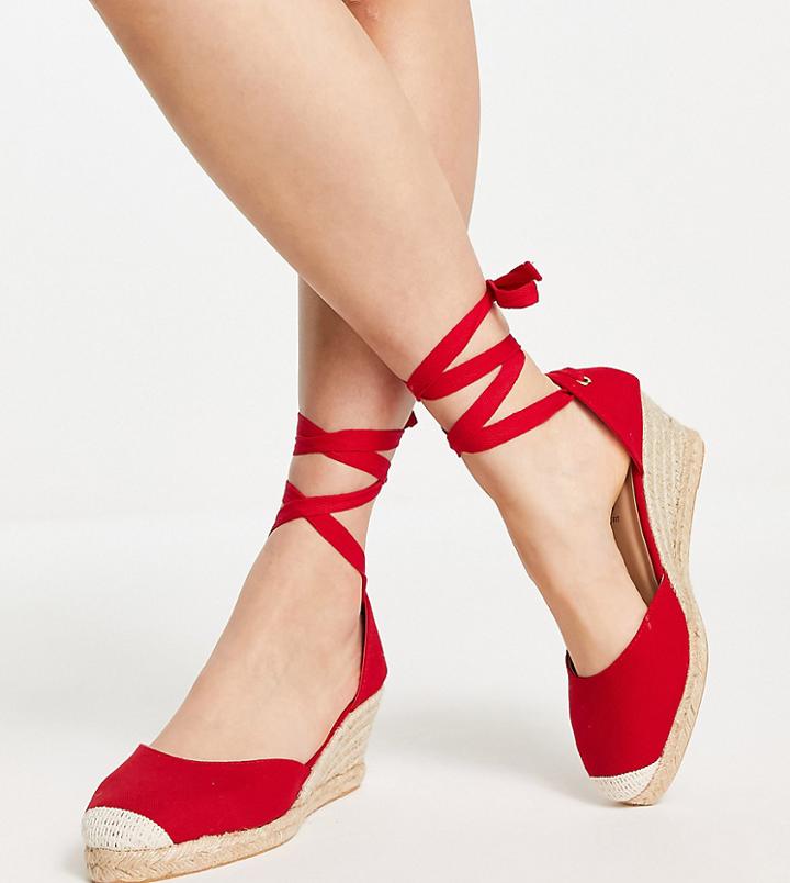 London Rebel Wide Fit Tie Leg Espadrille Wedges In Red