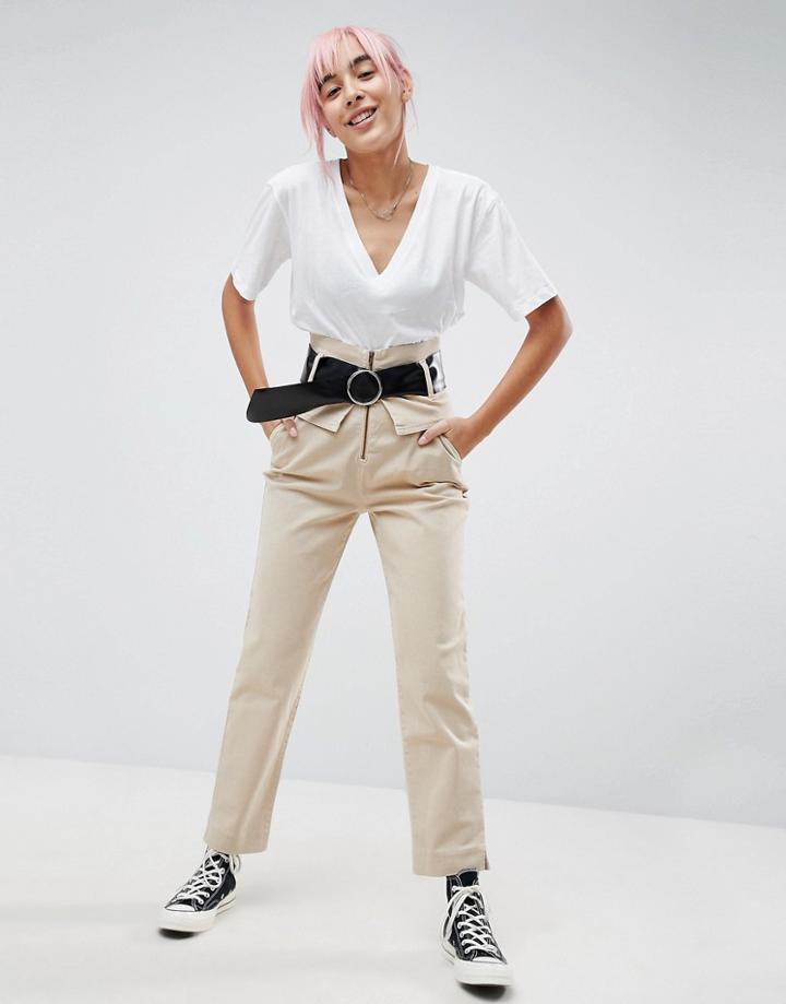 Asos Straight Leg High Waisted Pants With Belt - Brown