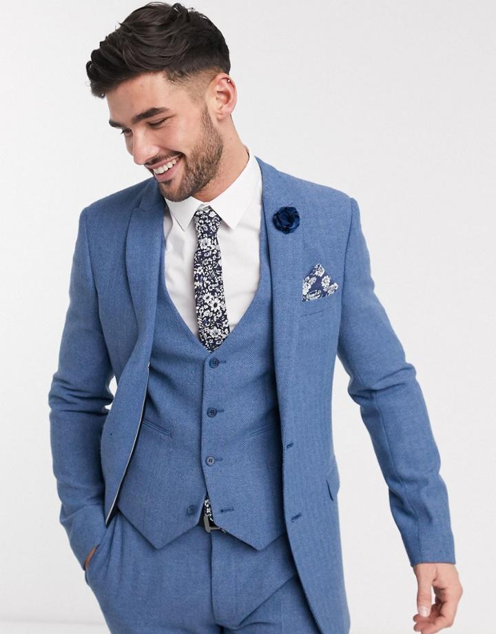 Asos Design Wedding Super Skinny Suit Jacket In Cornflower Blue Wool Blend Herringbone-blues