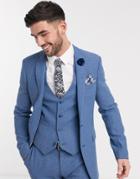 Asos Design Wedding Super Skinny Suit Jacket In Cornflower Blue Wool Blend Herringbone-blues
