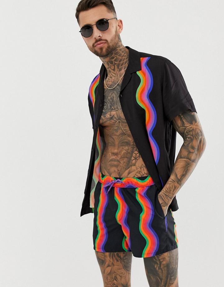Asos Design Two-piece Swim Shorts In Black Base With Rainbow Squiggles In Short Length - Black