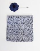 French Connection Floral Pocket Square And Lapel Pin Set In Indigo-multi