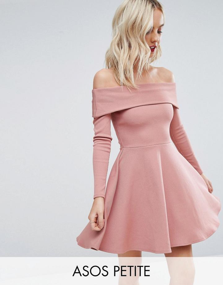 Asos Petite Premium Heavy Rib Bardot Skater Dress - Pink