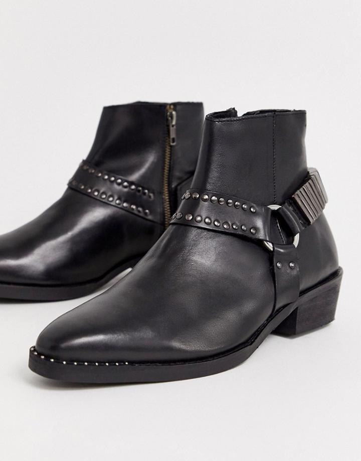 Asos Design Stacked Heel Western Chelsea Boots In Black Leather With Studding And Hardware Detail - Black