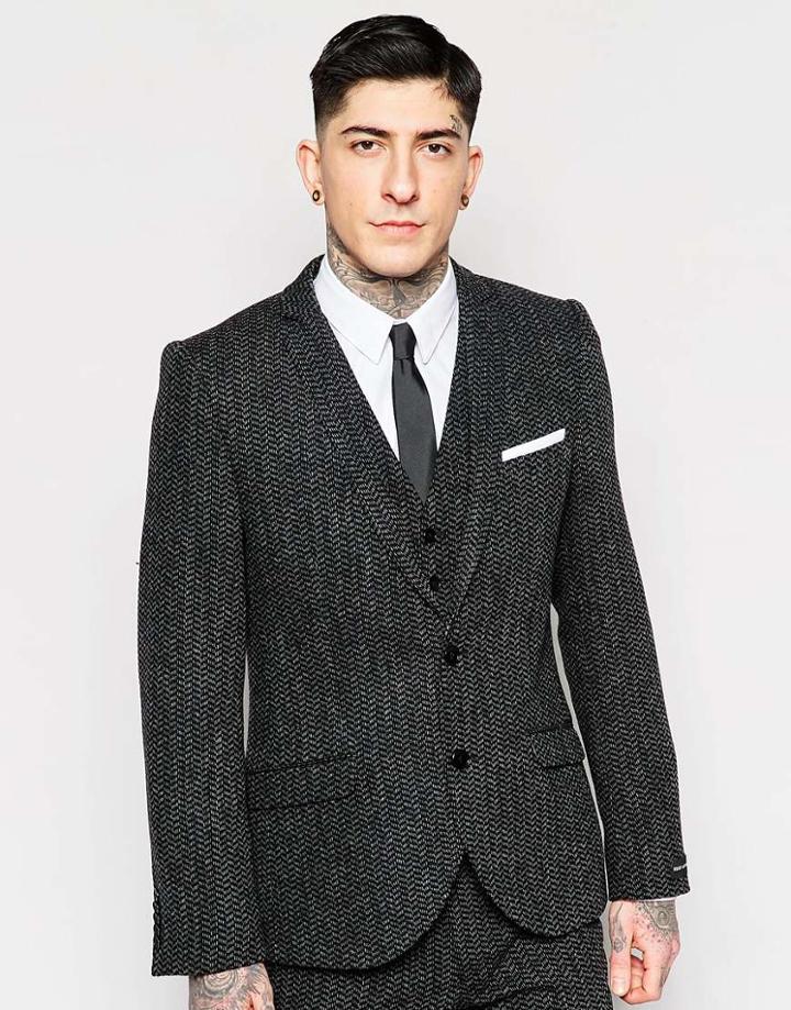 Heart & Dagger Herringbone Suit Jacket In Super Skinny Fit - Charcoal