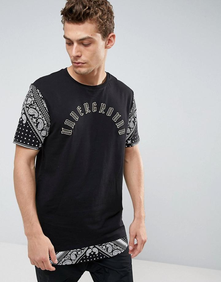 Asos Longline T-shirt With Paisley Print Sleeve & Curved Hem Extender - Black