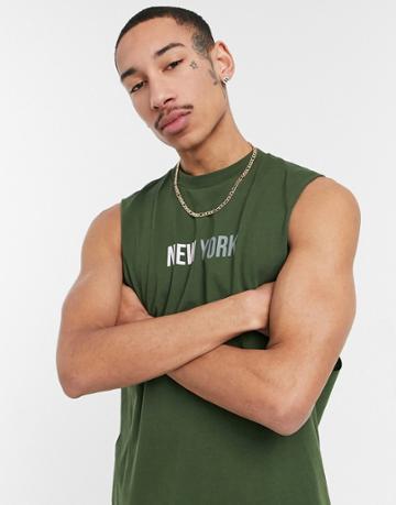 Asos Design Relaxed Tank In Khaki With New York Print-green