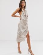 Asos Design Satin Drape Midi Dress In Neutral Croc Print-multi