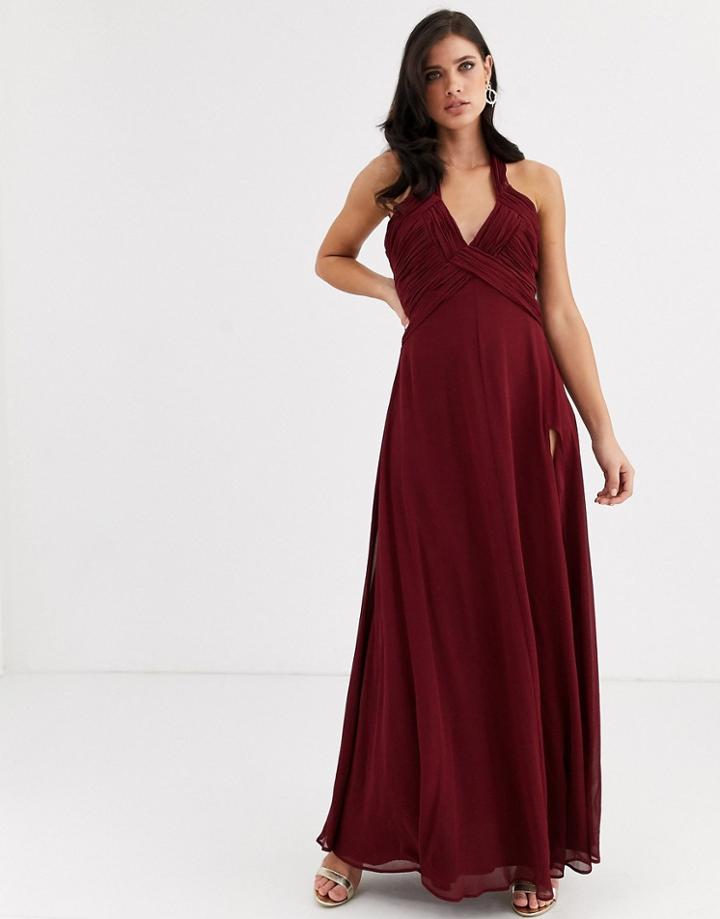 Asos Design Halterneck Pleat Skirt Ruched Bodice Maxi Dress