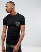 Asos Design Super Longline Muscle T-shirt With Camo Curved Hem Extender & Printed Pocket - Black