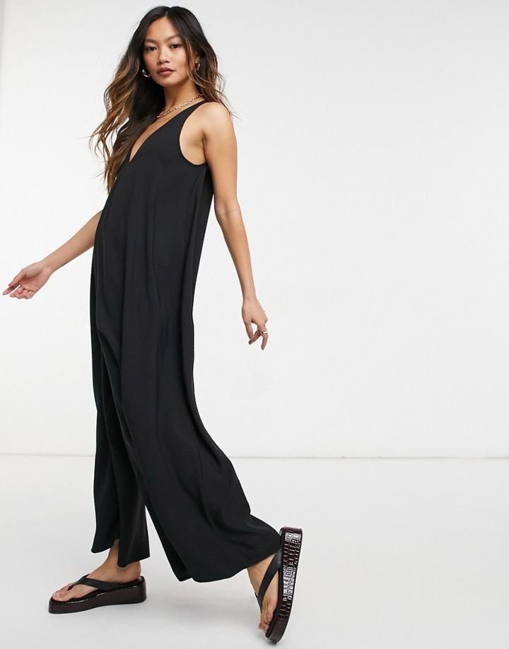 Asos Design V Neck Minimal Smock Jumpsuit In Black