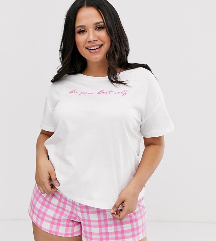 New Look Curve Slogan Pyjama Shorts Set In White - White