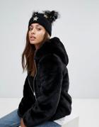 7x Double Pom Pom Star Patch Beanie Hat - Black