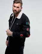 Good For Nothing Muscle Denim Jacket In Black With Rose Embroidery - Black