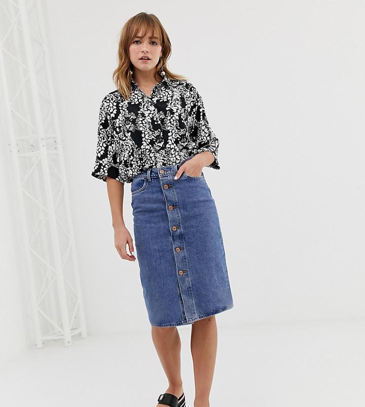 Monki Buttoned Midi Denim Skirt In Mid Blue