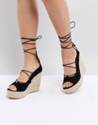 Raid Alya Black Lace Up Espadrille Wedges - Black