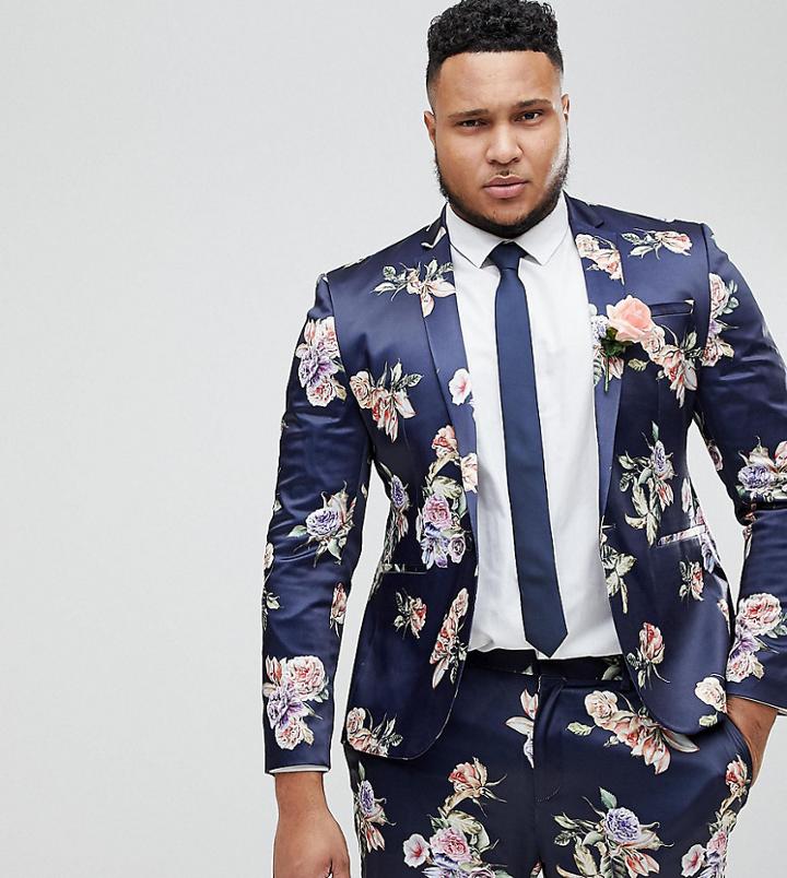 Asos Plus Wedding Super Skinny Suit Jacket With Navy Floral Print - Navy