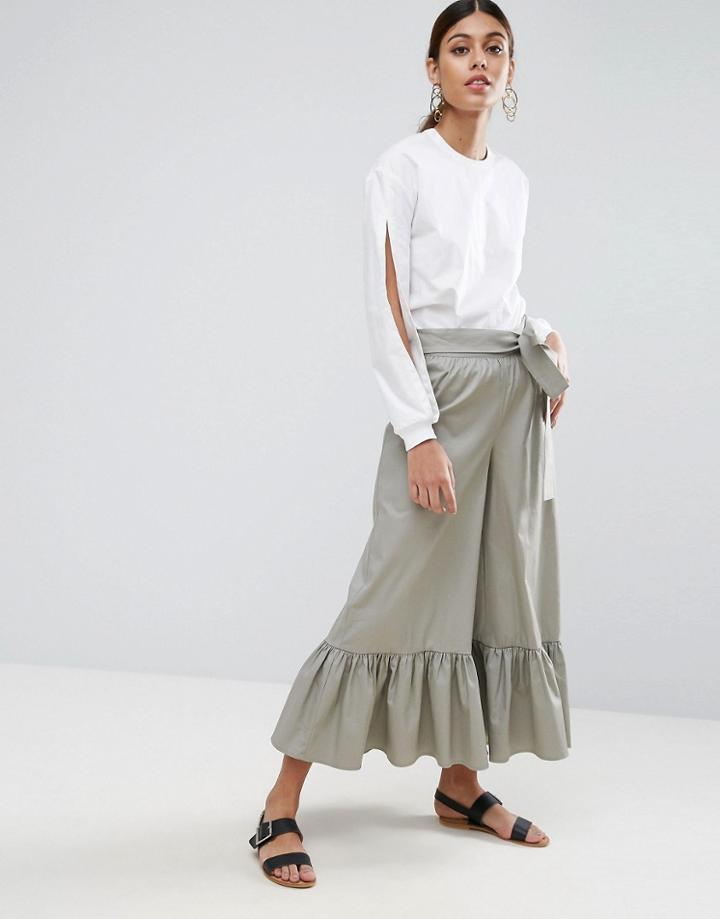 Asos High Waisted Wide Leg Pants With Frill Hem And Tie Waist - Green