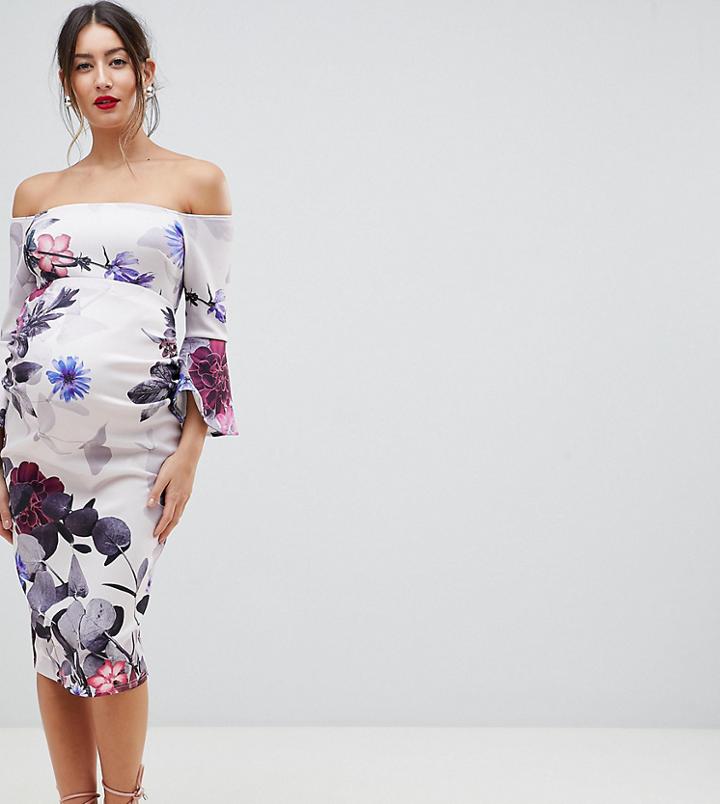 True Violet Maternity Bandeau Frill Sleeve Midi Bodycon Dress In Floral Print - Multi