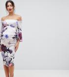 True Violet Maternity Bandeau Frill Sleeve Midi Bodycon Dress In Floral Print - Multi