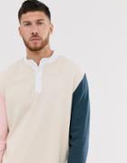 Asos Design Relaxed Long Sleeve T-shirt With Grandad Neck And Contrast Sleeves-beige