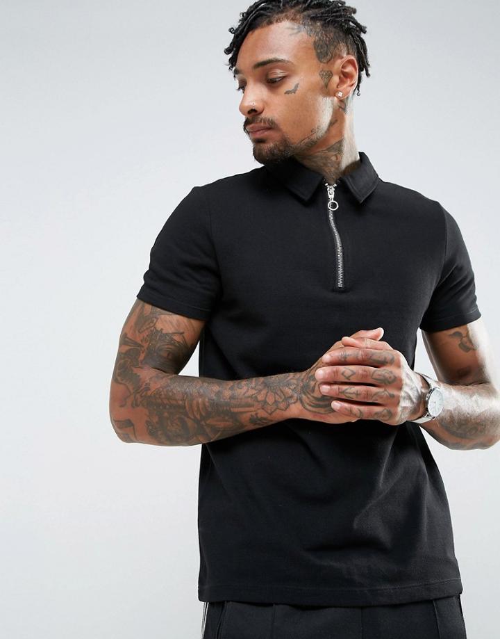Asos Zip Neck Pique Polo Shirt - Black