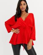 Asos Design Batwing Sleeve Top With Tie Waist-red