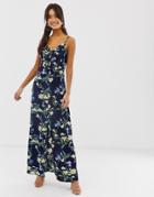 Brave Soul Cami Strap Maxi Dress In Navy Floral - Navy