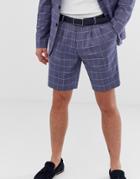 Asos Design Slim Suit Shorts In Linen Blue Check - Blue