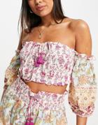 River Island Mixed Floral Puff Sleeve Beach Crop Top In Pink - Part Of A Set