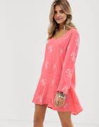 En Creme Floral Embroidered Smock Dress With Cut Out Back Detail-pink