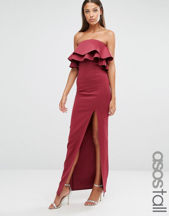 Asos Tall Premium Ruffle Bandeau Scuba Maxi Dress - Red