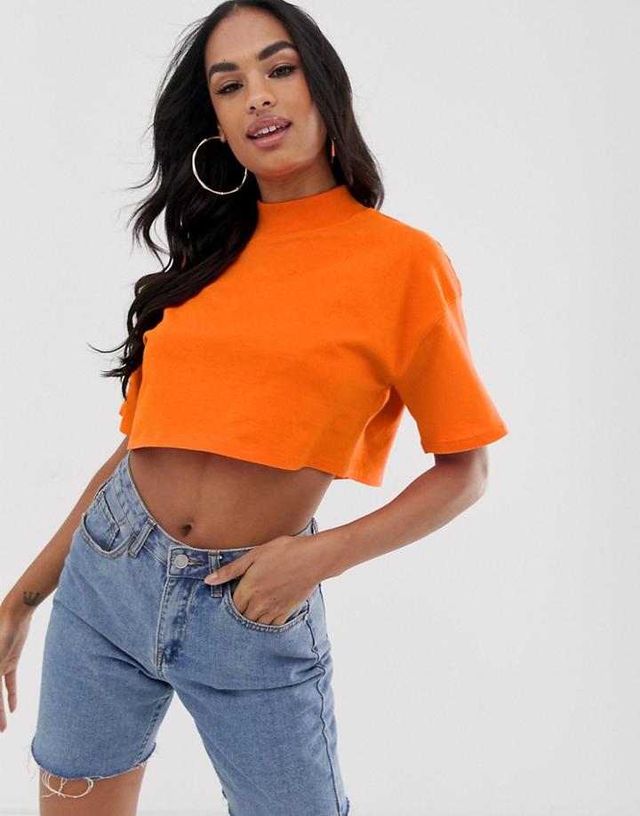 Asos Design Super Crop High Neck Tee In Orange - Orange