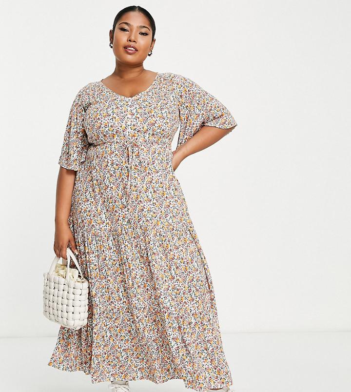 Yours Ruched Front Frill Sleeve Midi Dress In Orange Ditsy Floral