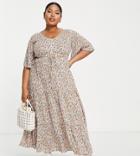 Yours Ruched Front Frill Sleeve Midi Dress In Orange Ditsy Floral
