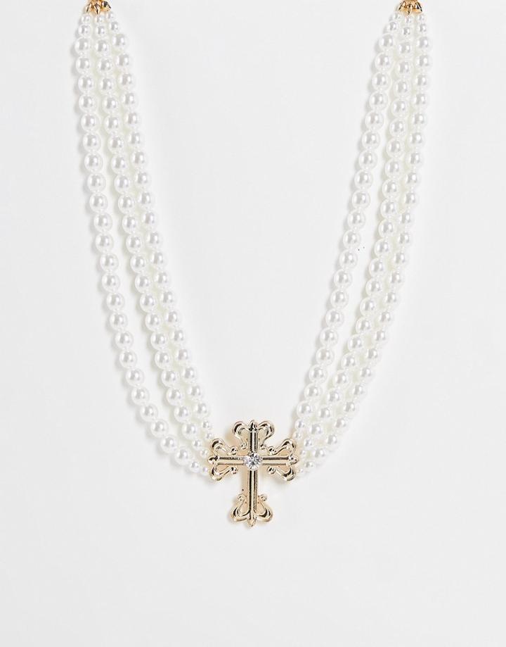 Asos Design Pearl Necklace With Cross Charm-gold