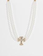 Asos Design Pearl Necklace With Cross Charm-gold