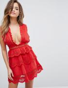 Prettylittlething Lace Plunge Skater Dress - Red