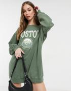 Pull & Bear Boston Sweatshirt Dress In Dark Green