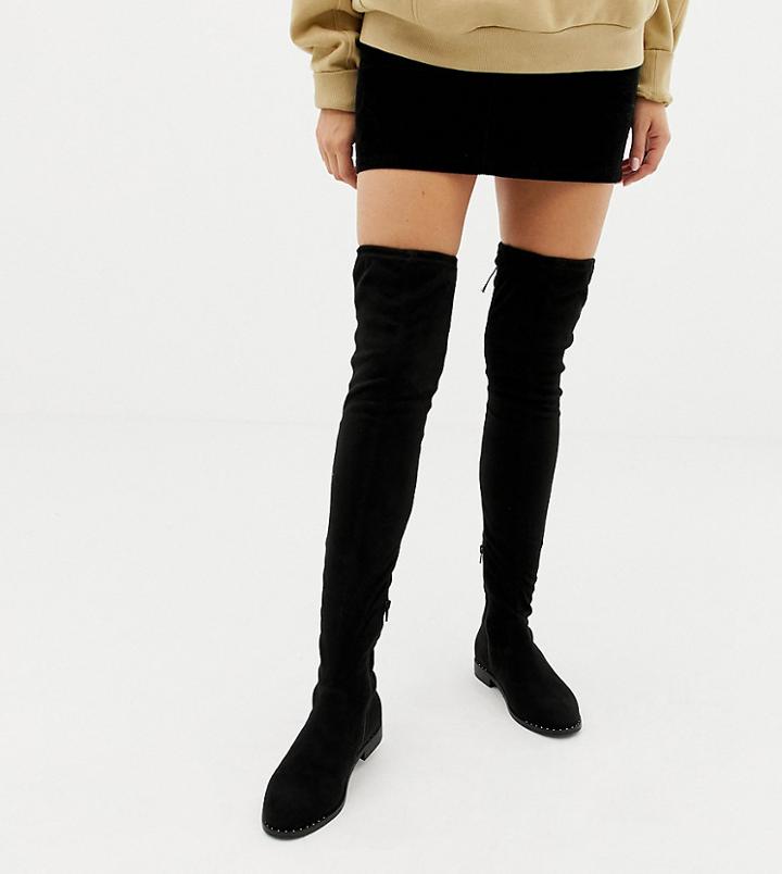 Asos Design Wide Fit Kaska Flat Studded Over The Knee Boots - Black