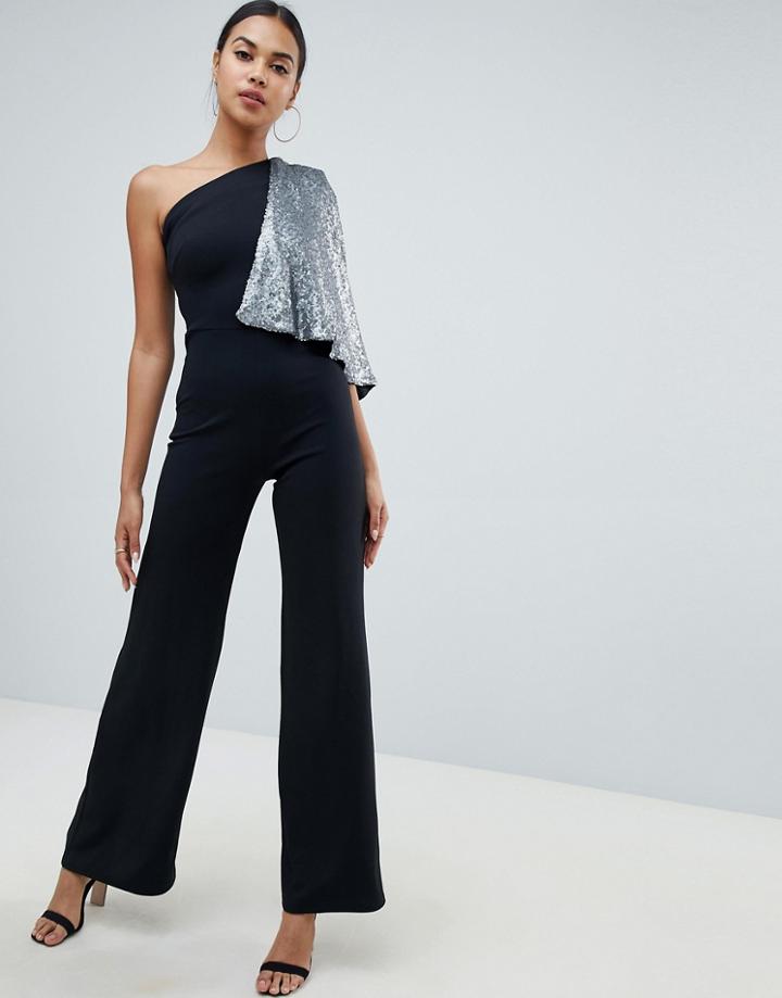 Club L One Shoulder Jumpsuit With Sequin Cape Sleeve-black