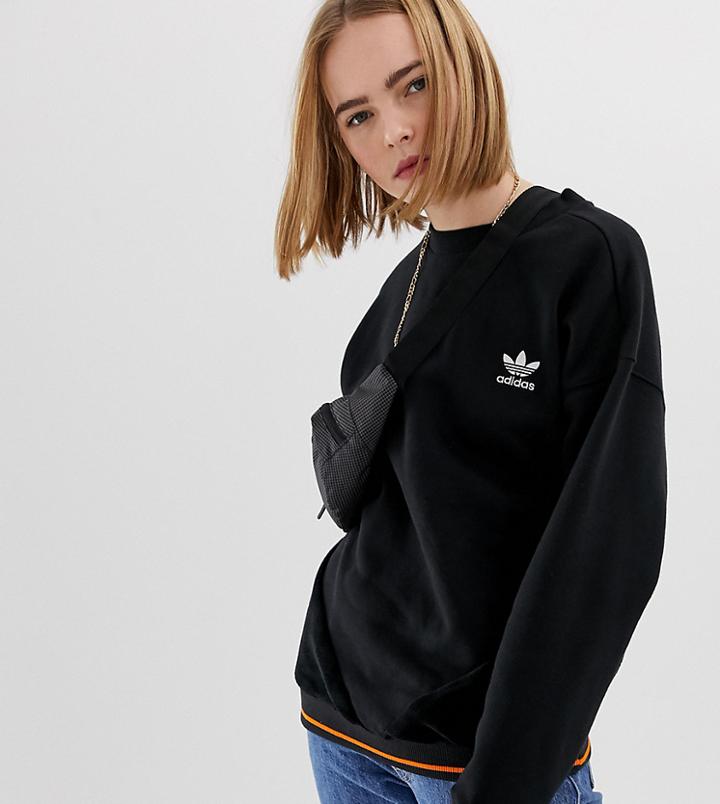 Adidas Originals Sweatshirt In Black With Orange Piping - White