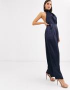 Asos Design Satin Jumpsuit With Halter Neck And Wide Leg-navy