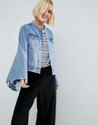 Asos Denim Jacket With Rips And Fluted Sleeve - Blue